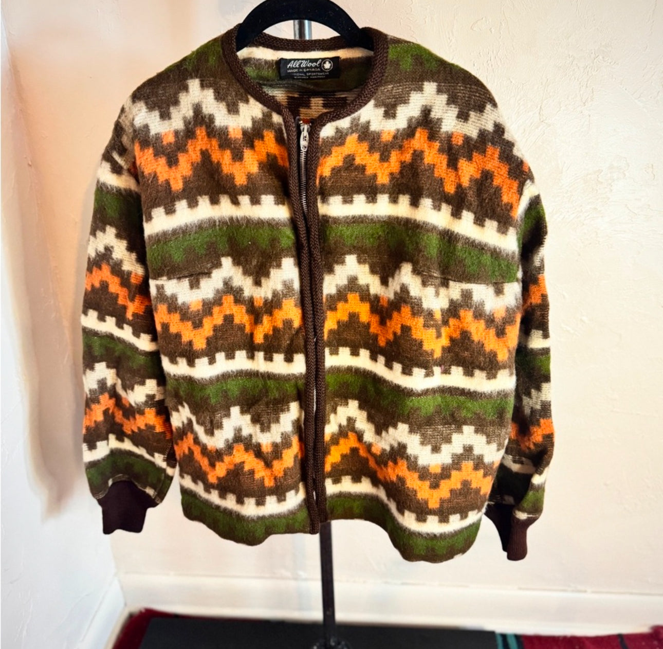 Vintage 1960s Kurt Cobain Grunge Style Aztec Zip Up Alpaca Cardigan Sweater medium